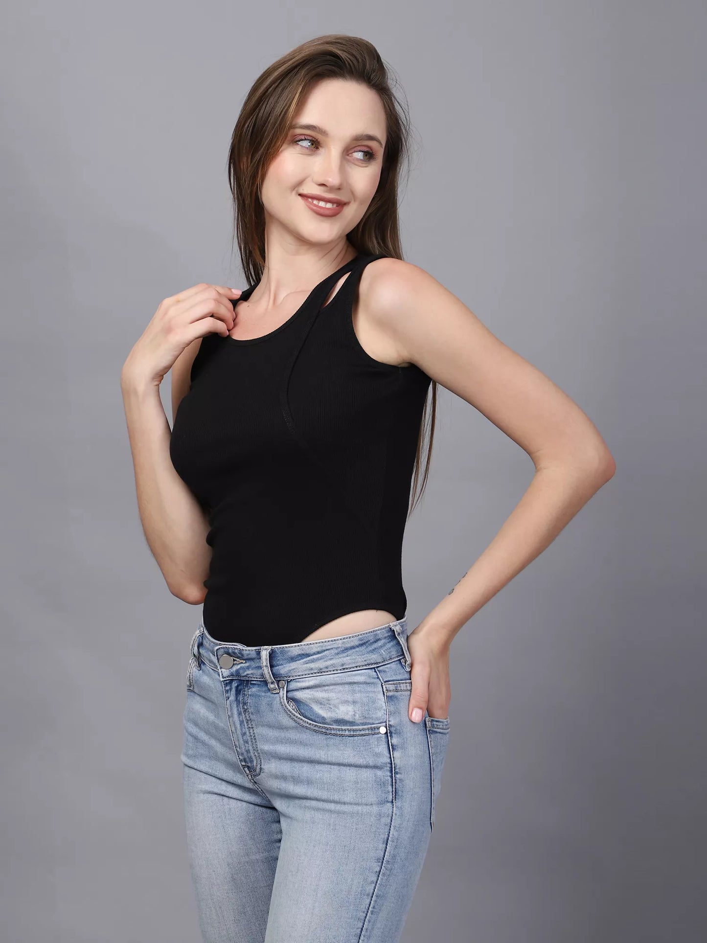 Black One Cut Shoulder Bodysuit