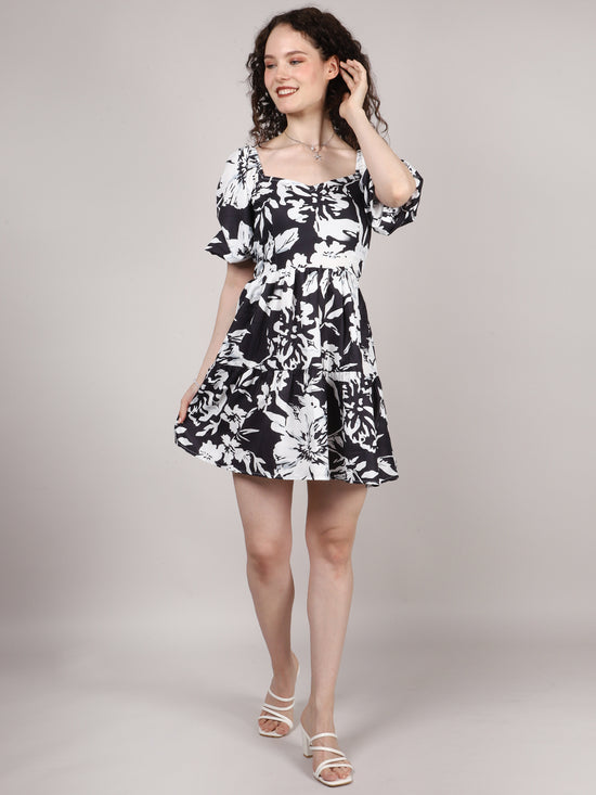 Black Floral Print Back Dori Mini Dress