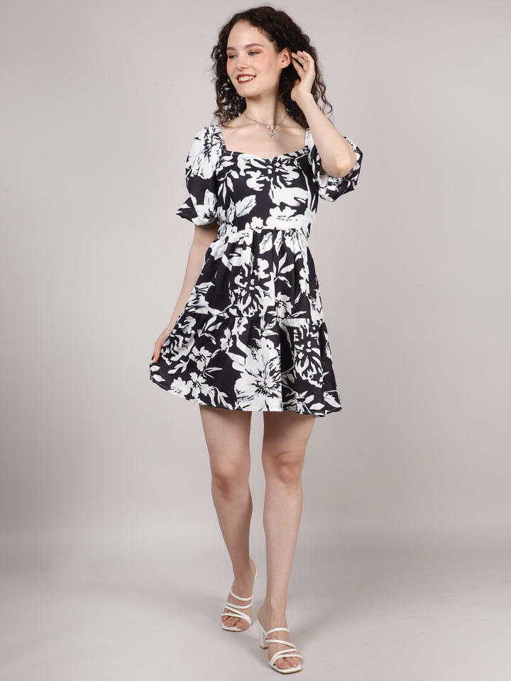 Black Floral Print Back Dori Mini Dress