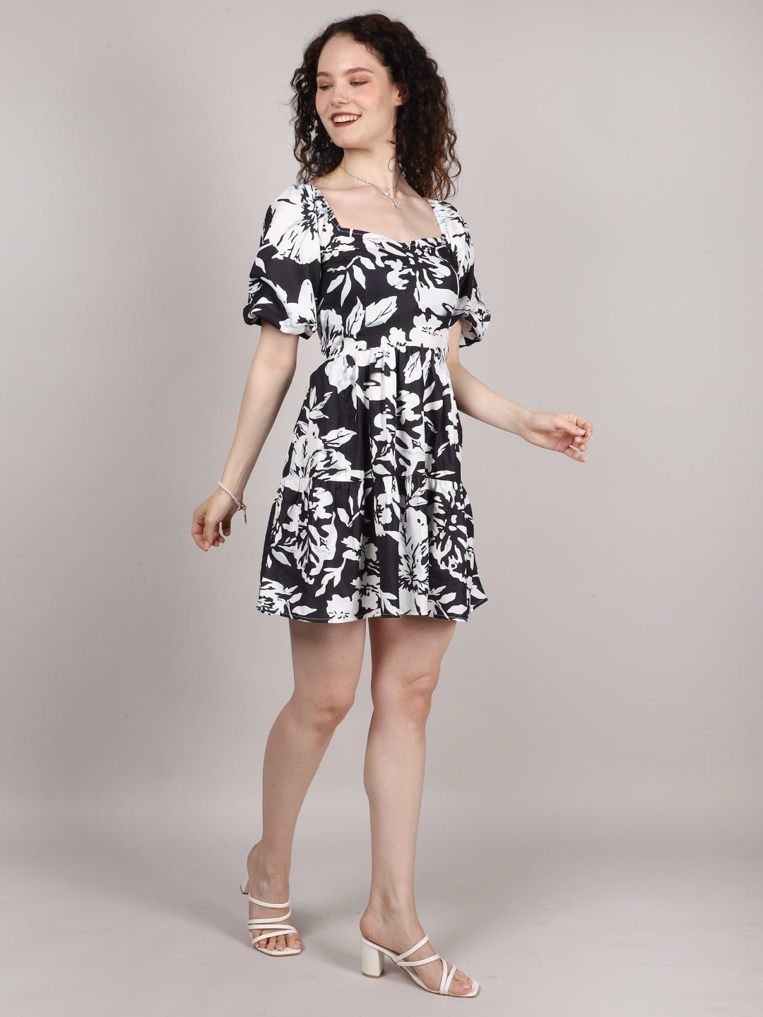 Black Floral Print Back Dori Mini Dress