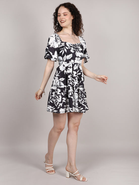Black Floral Print Back Dori Mini Dress