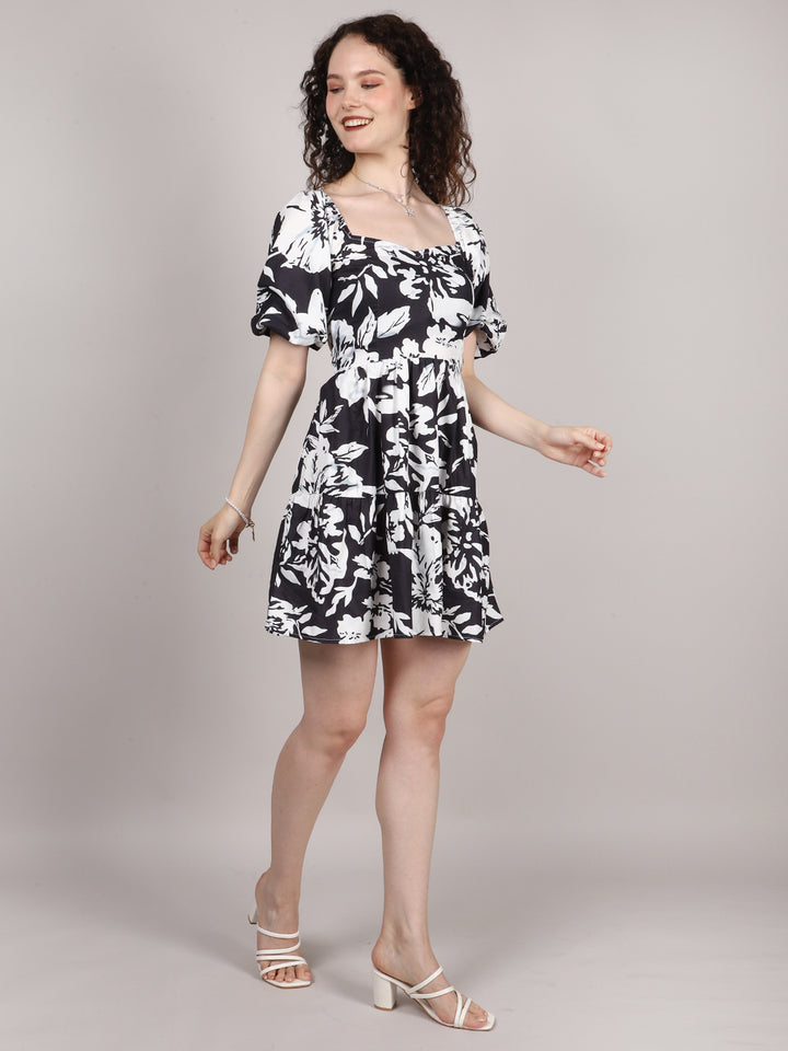 Black Floral Print Back Dori Mini Dress
