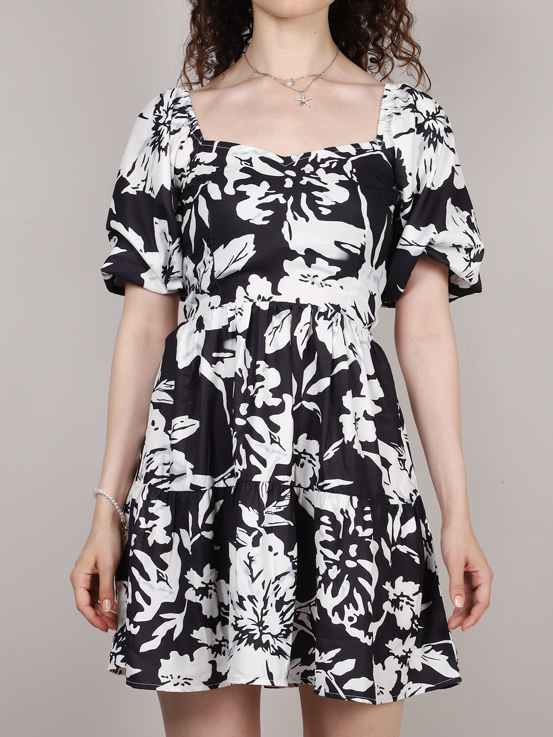 Black Floral Print Back Dori Mini Dress