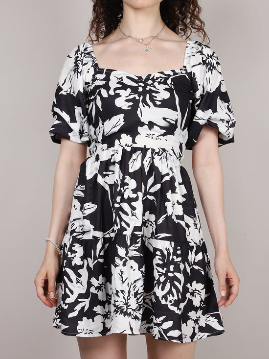 Black Floral Print Back Dori Mini Dress