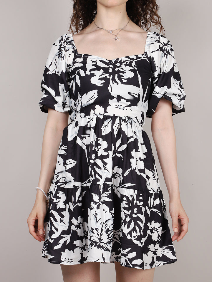 Black Floral Print Back Dori Mini Dress