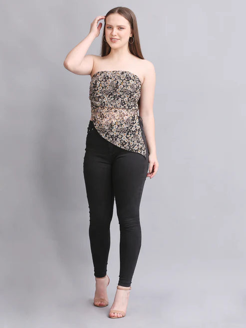 Black Printed High Low Tube Top