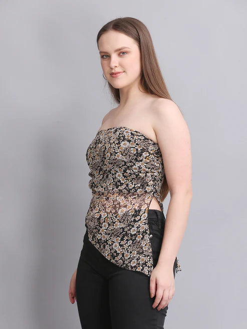 Black Printed High Low Tube Top