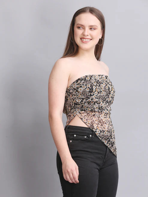Black Printed High Low Tube Top
