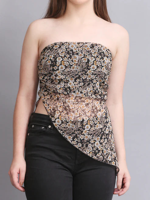 Black Printed High Low Tube Top