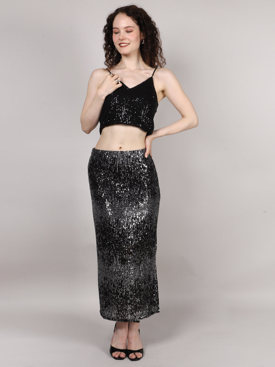 Black Sequins Side Slit Skirt