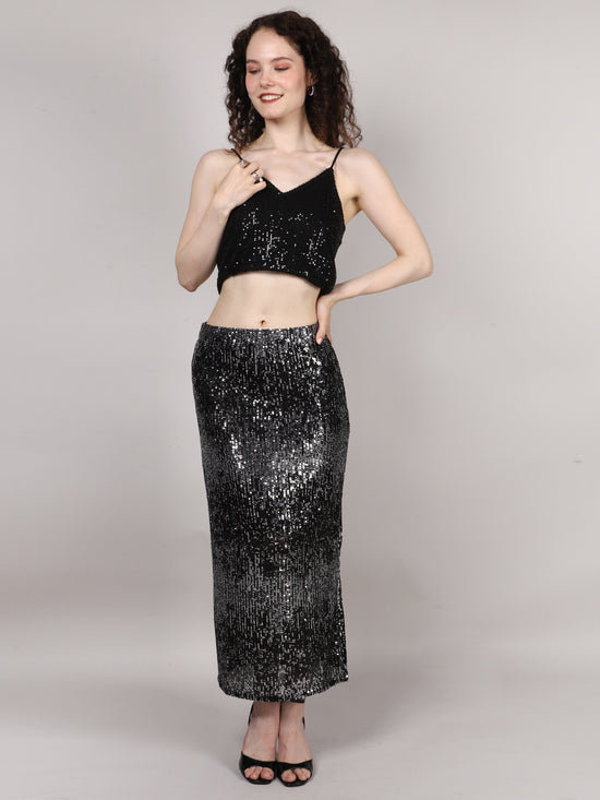 Black Sequins Side Slit Skirt
