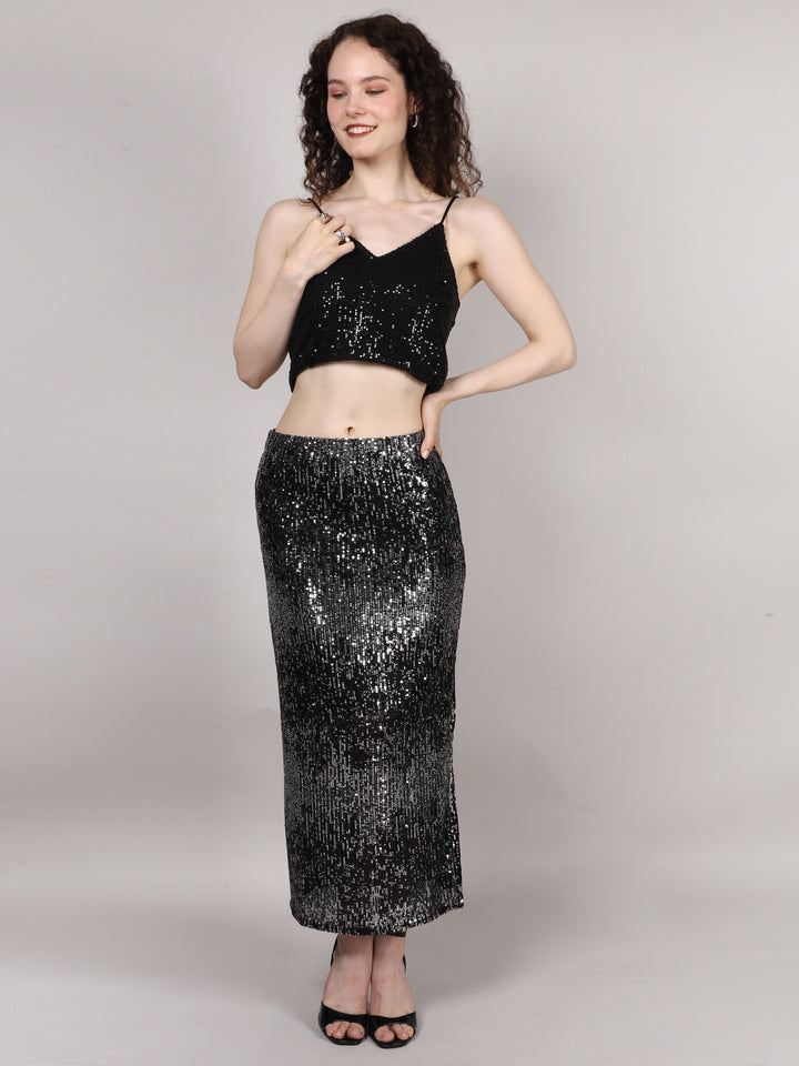 Black Sequins Side Slit Skirt