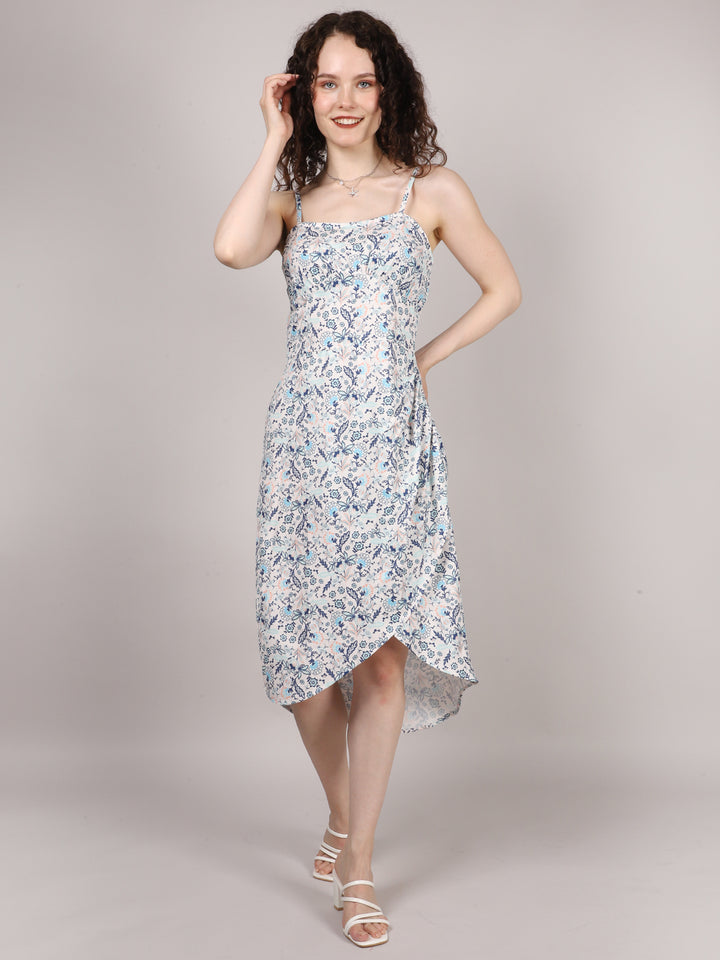 Blue Ditsy Print Side Rouched Dress