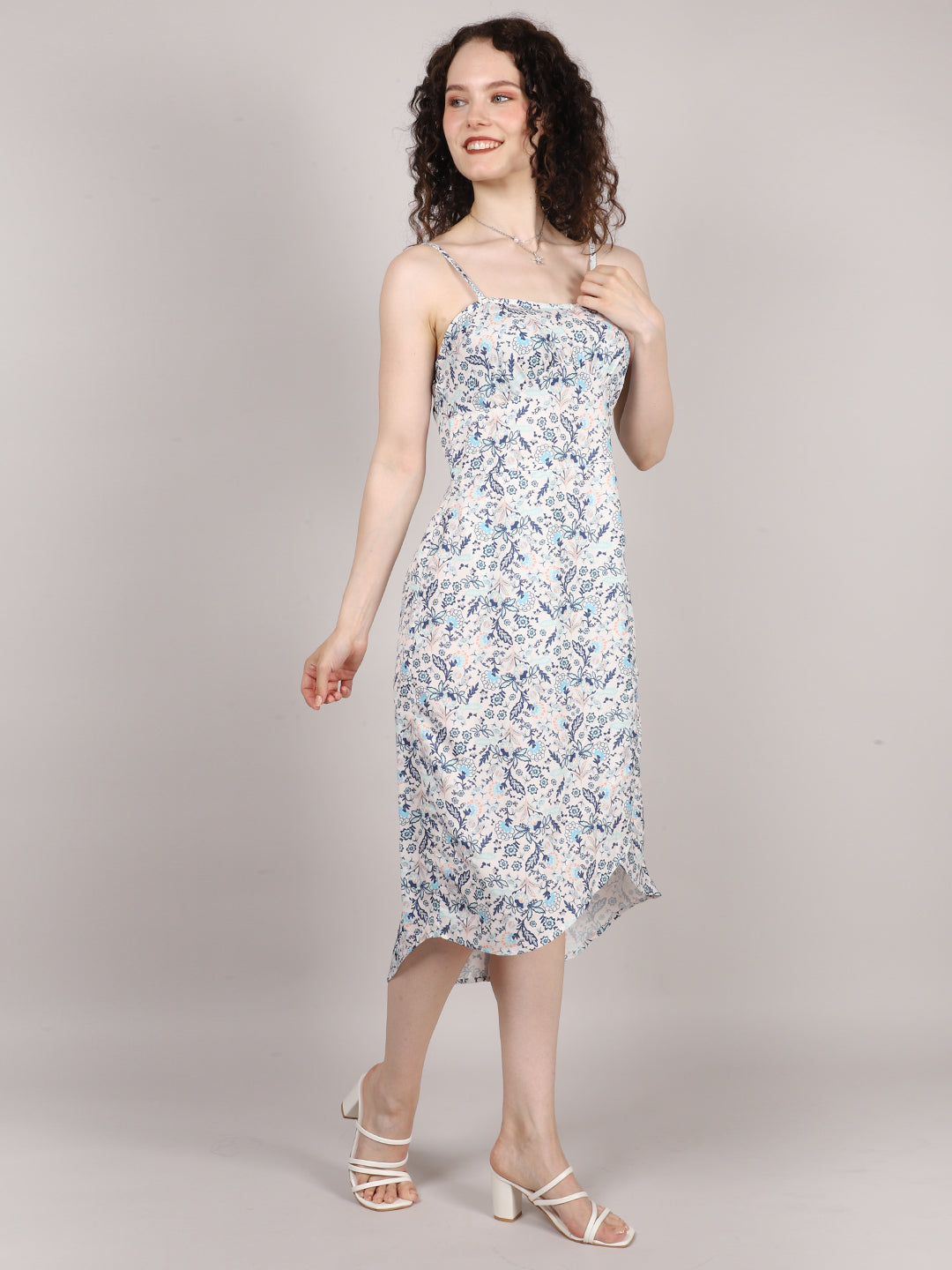 Blue Ditsy Print Side Rouched Dress