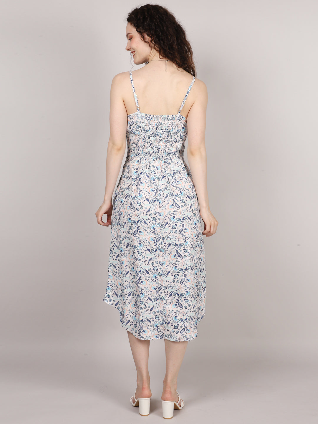 Blue Ditsy Print Side Rouched Dress