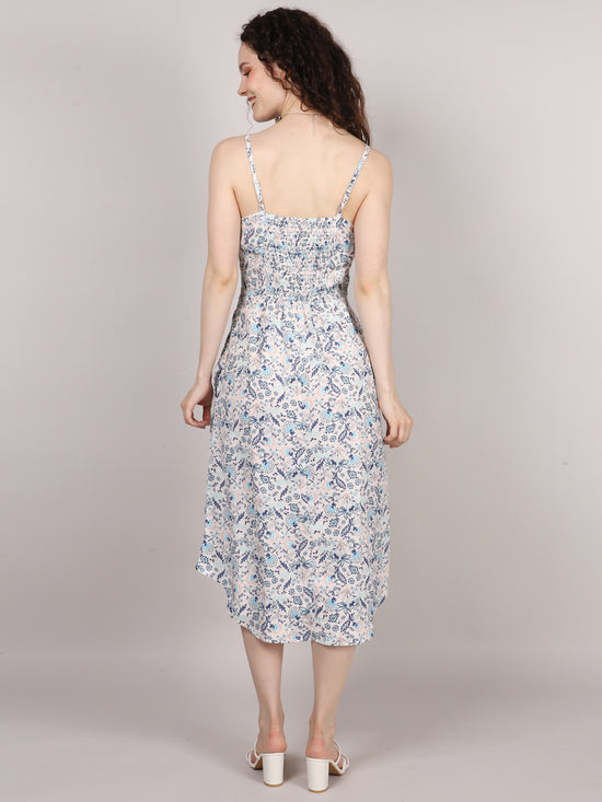 Blue Ditsy Print Side Rouched Dress