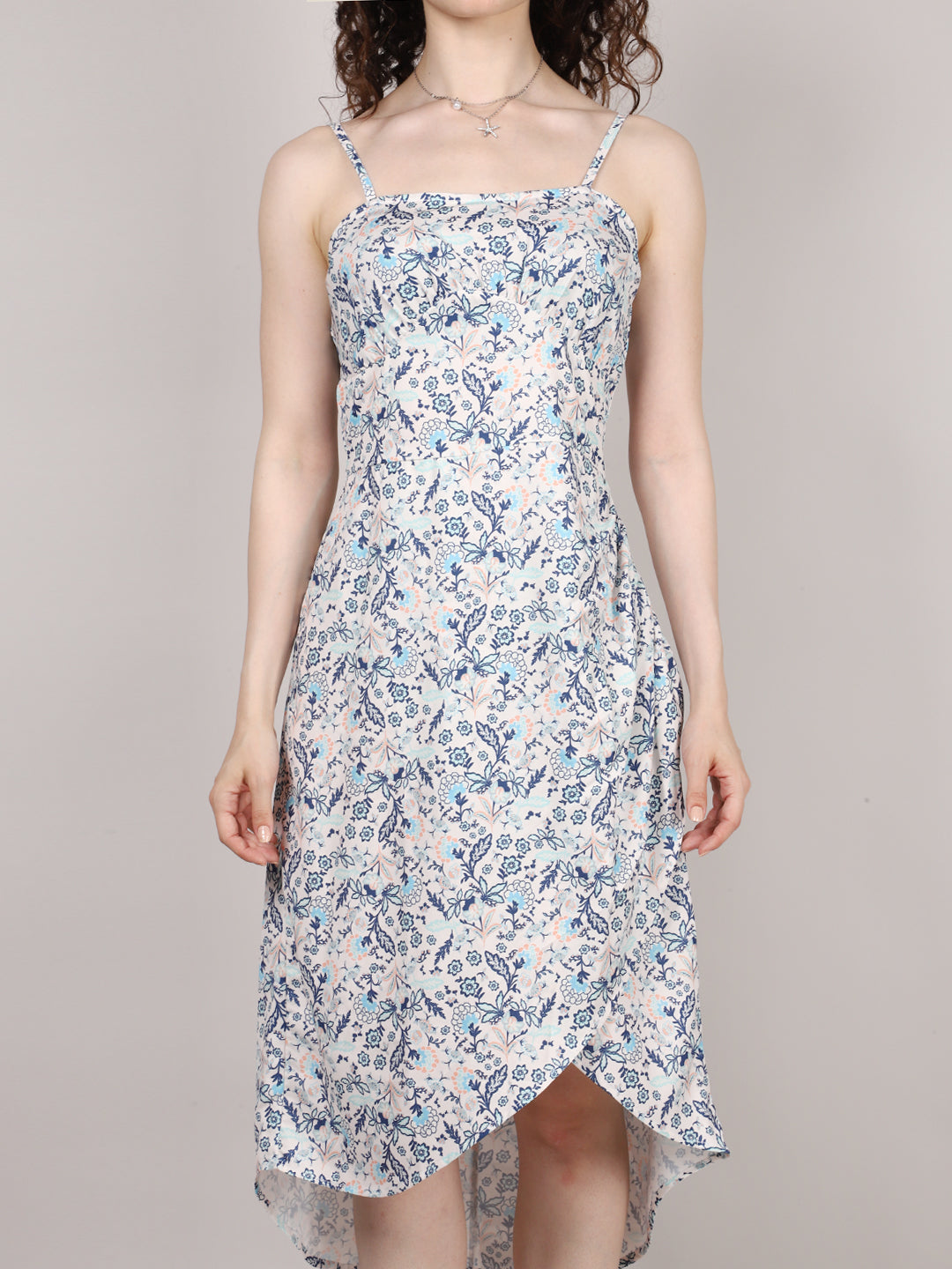 BLUE DITSY PRINT SIDE ROUCHED DRESS