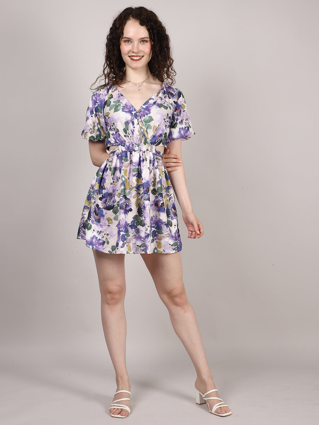Blue Floral Print Waist Cut Out Dress