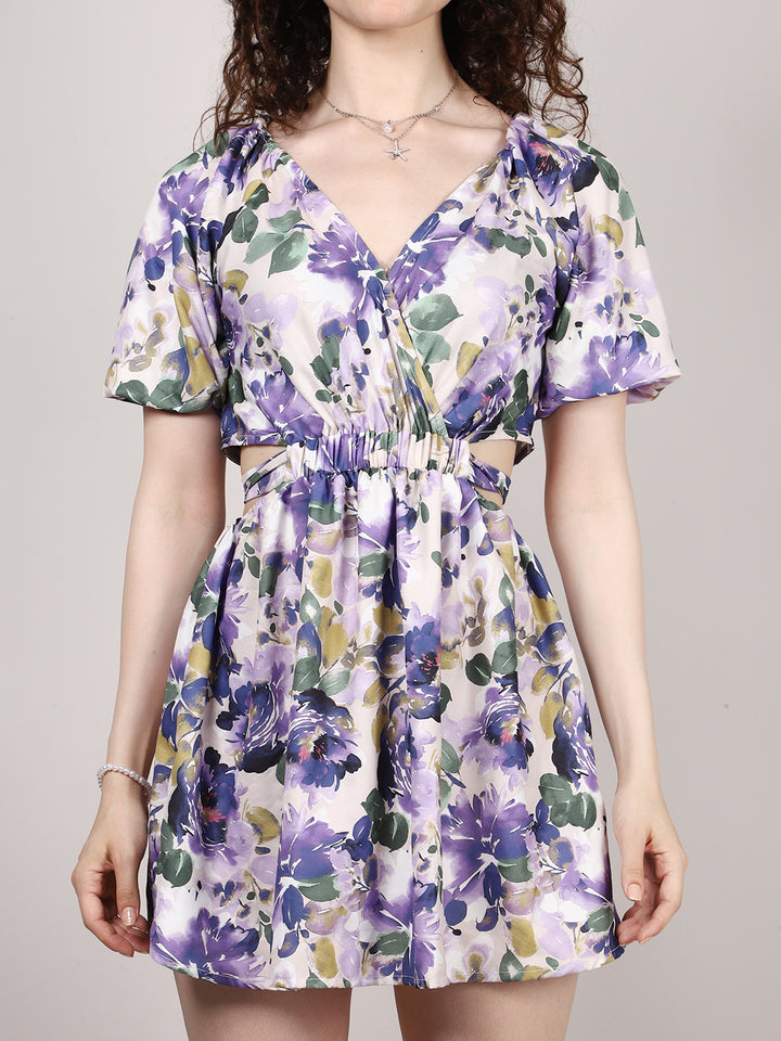Blue Floral Print Waist Cut Out Dress