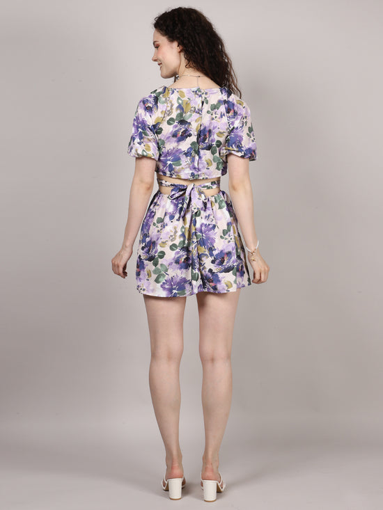 Blue Floral Print Waist Cut Out Dress