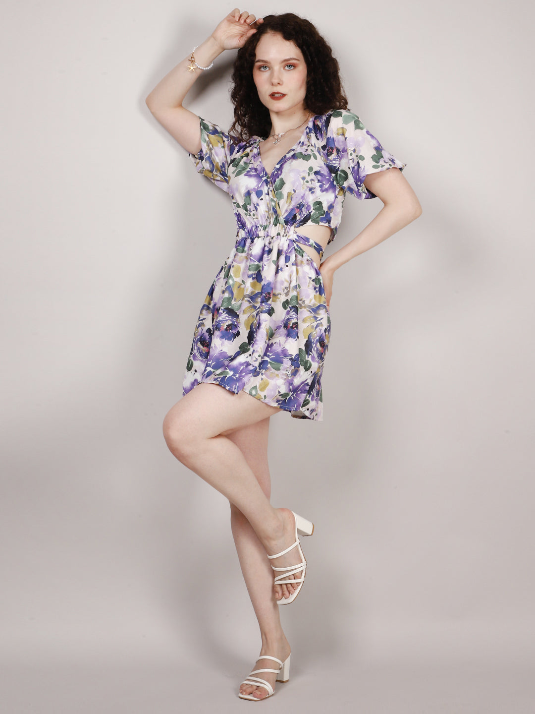 Blue Floral Print Waist Cut Out Dress