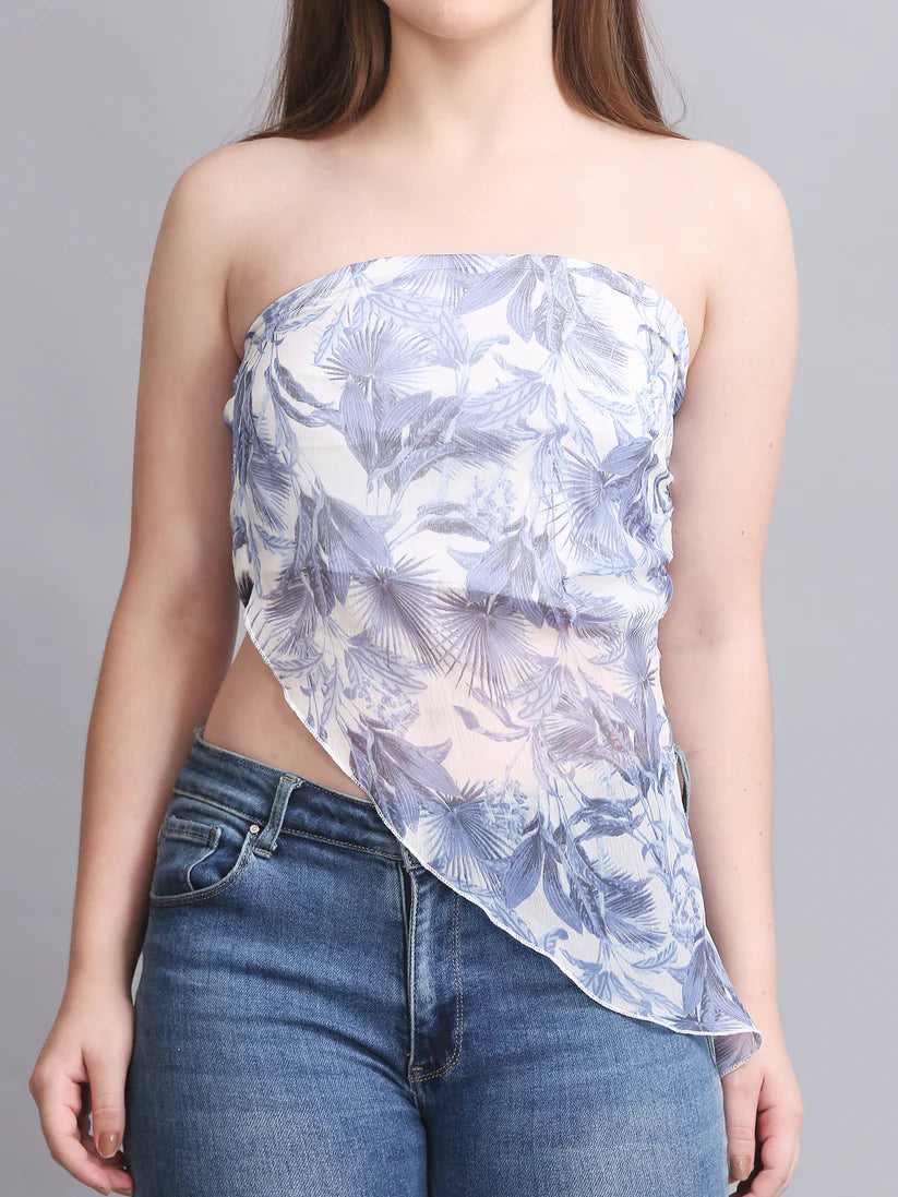 Blue Printed High Low Tube Top
