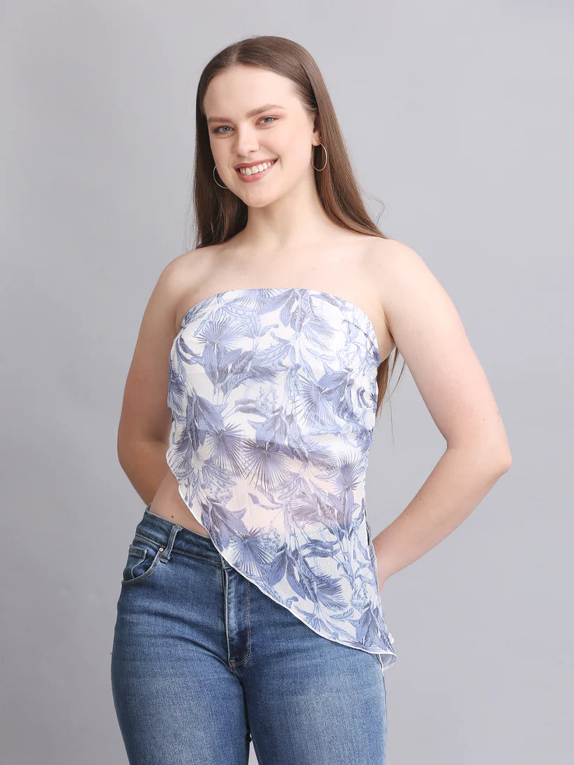 Blue Printed High Low Tube Top
