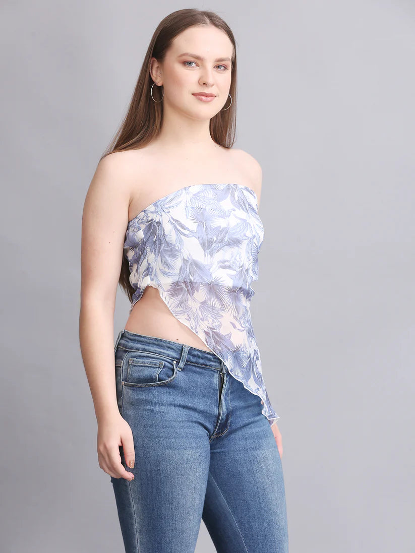 Blue Printed High Low Tube Top