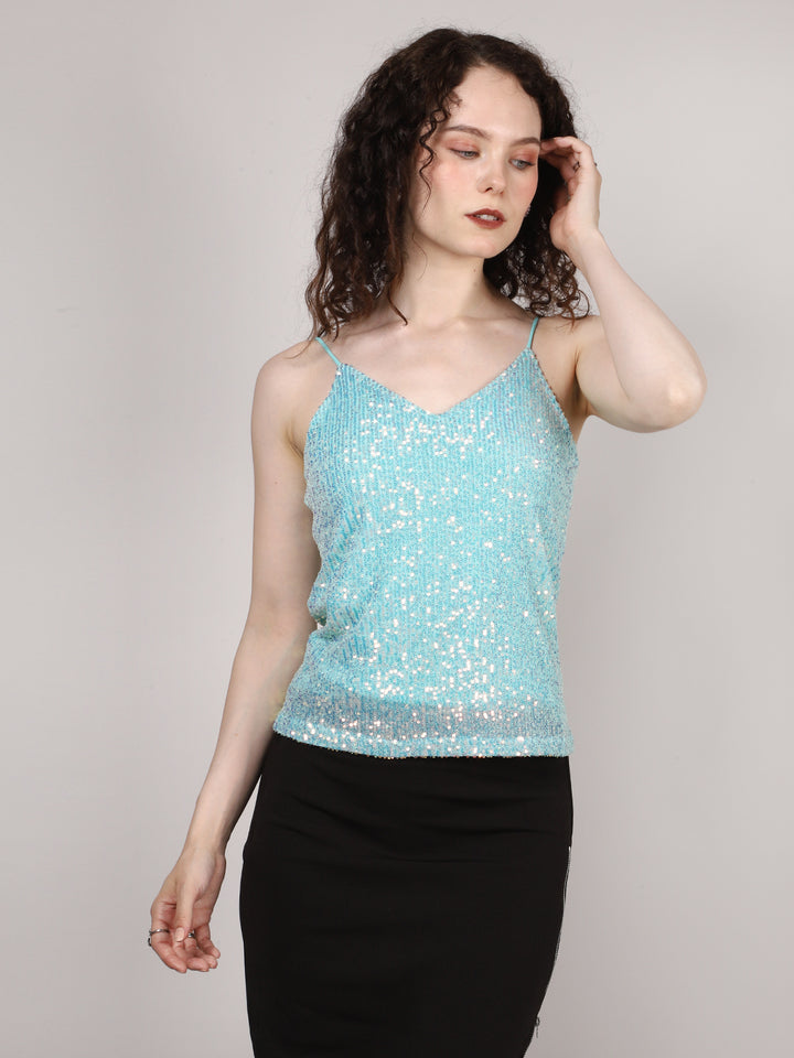 Blue Sequins V Neck Top