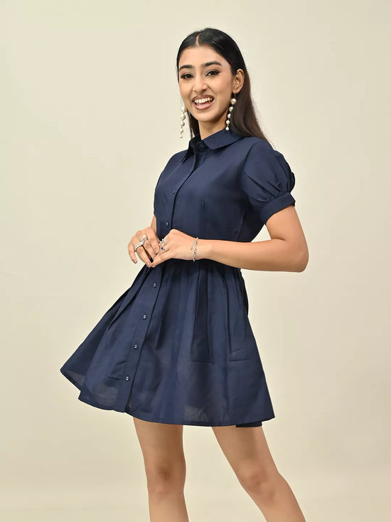 Navy Blue Front Button Minin Dress
