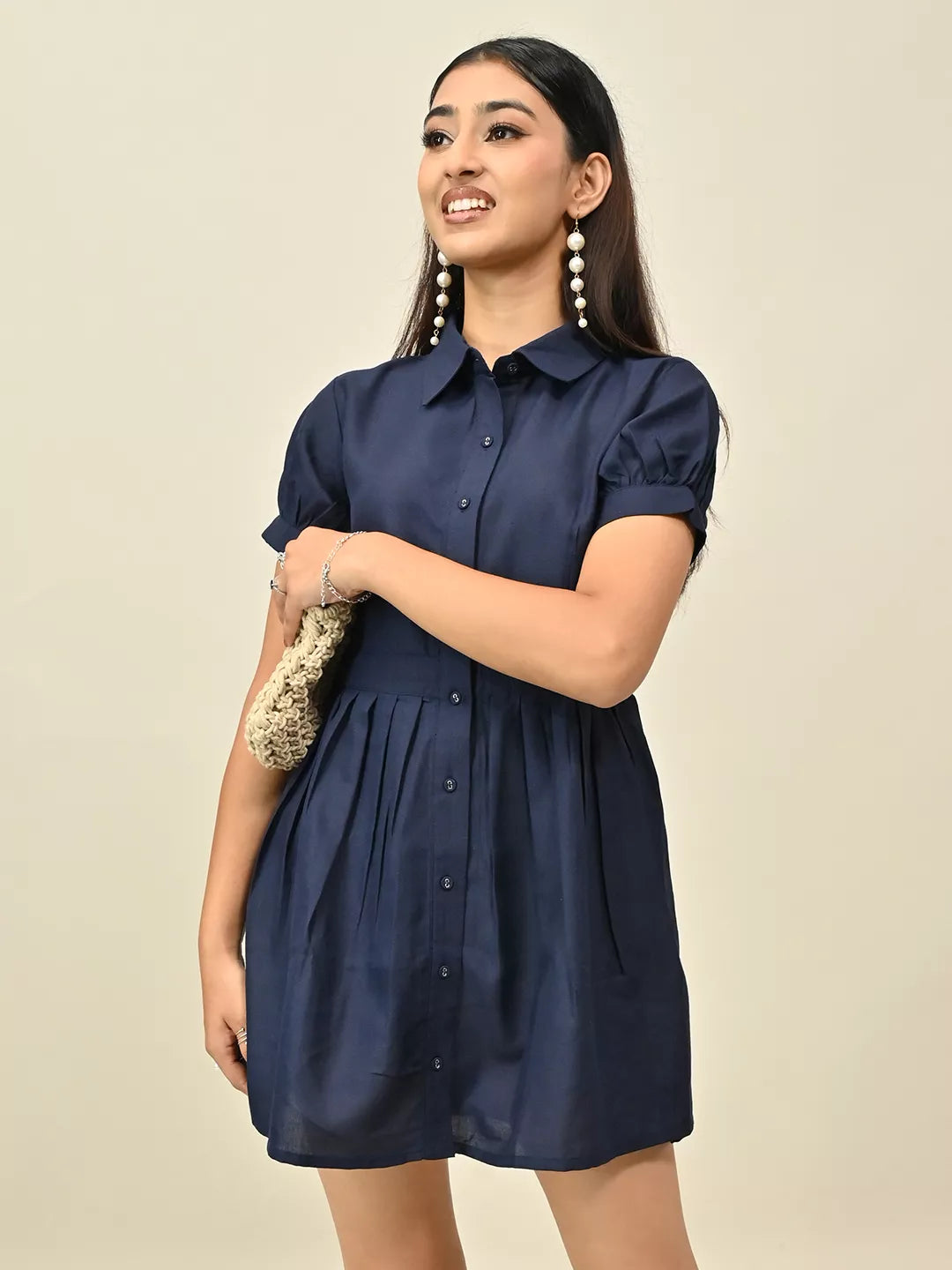 Navy Blue Front Button Minin Dress