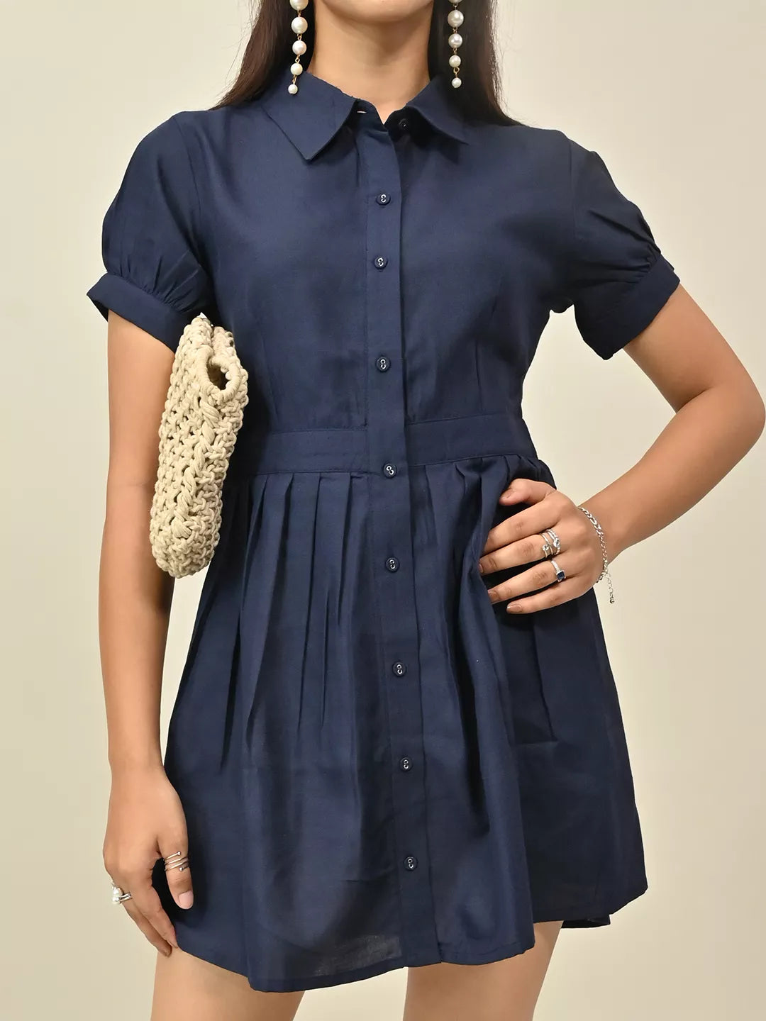 Navy Blue Front Button Minin Dress