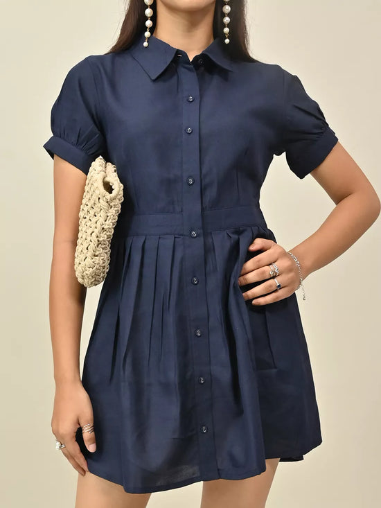Navy Blue Front Button Minin Dress