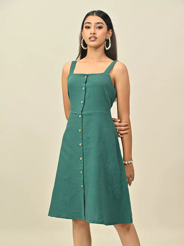 Green Front Button Strappy Dress