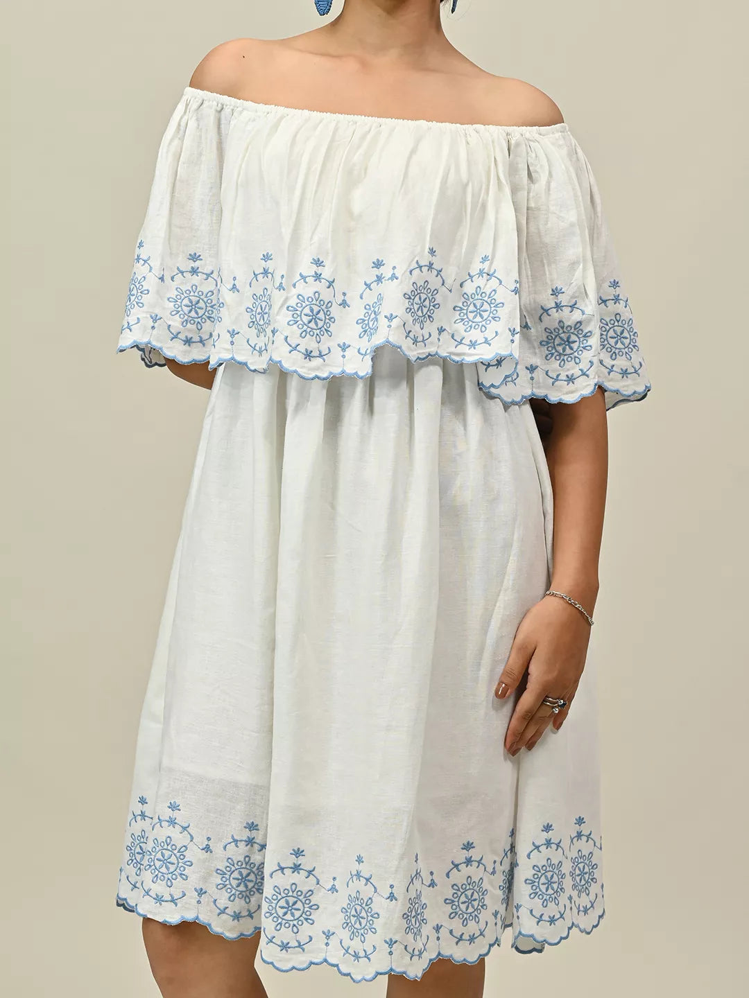 White Off Shoulder Embroidery Dress