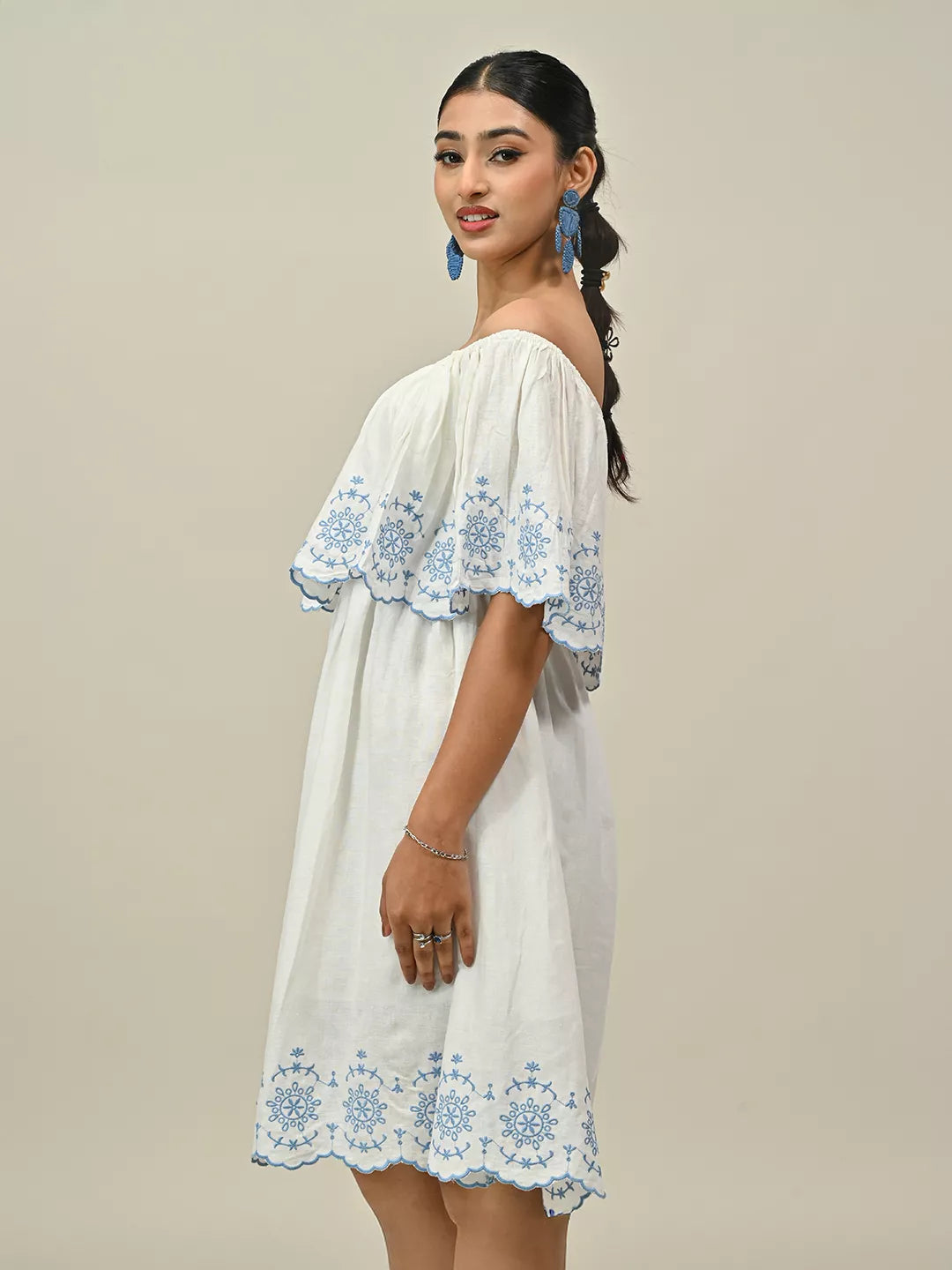 White Off Shoulder Embroidery Dress