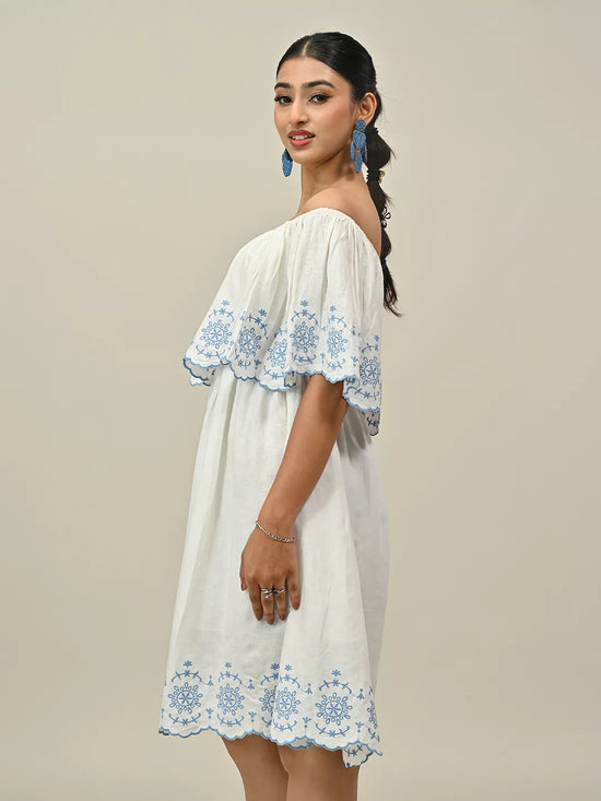White Off Shoulder Embroidery Dress