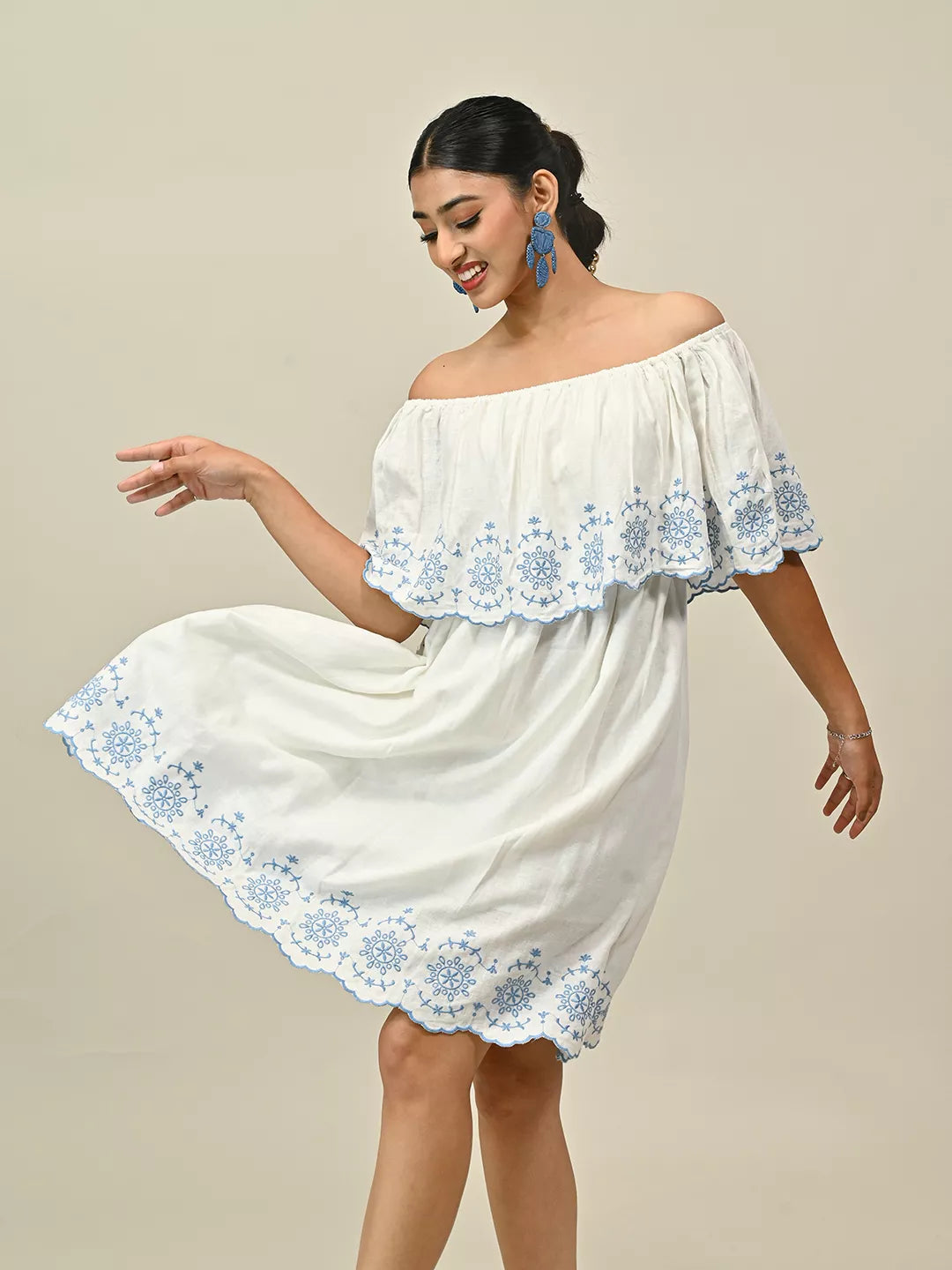 White Off Shoulder Embroidery Dress