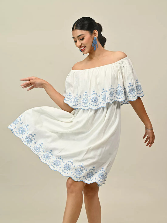 White Off Shoulder Embroidery Dress