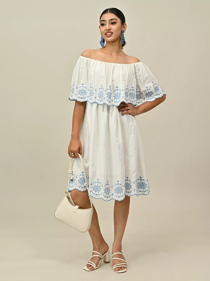 White Off Shoulder Embroidery Dress