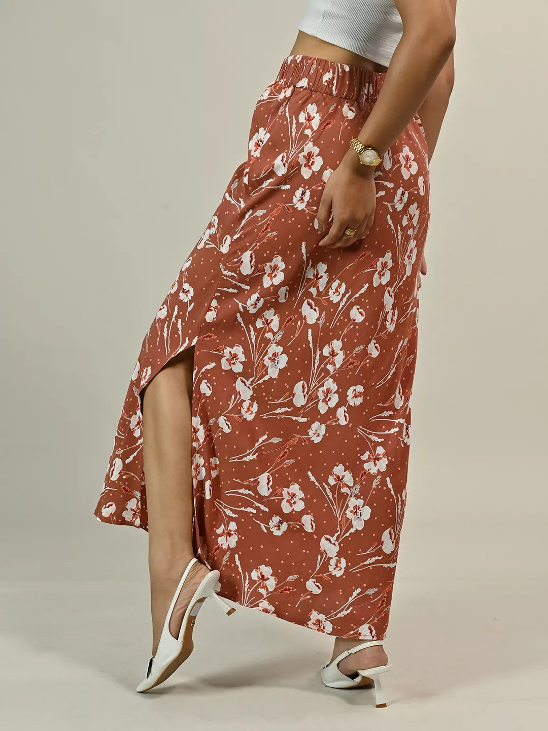 Brown Printed Side Slit Skirt