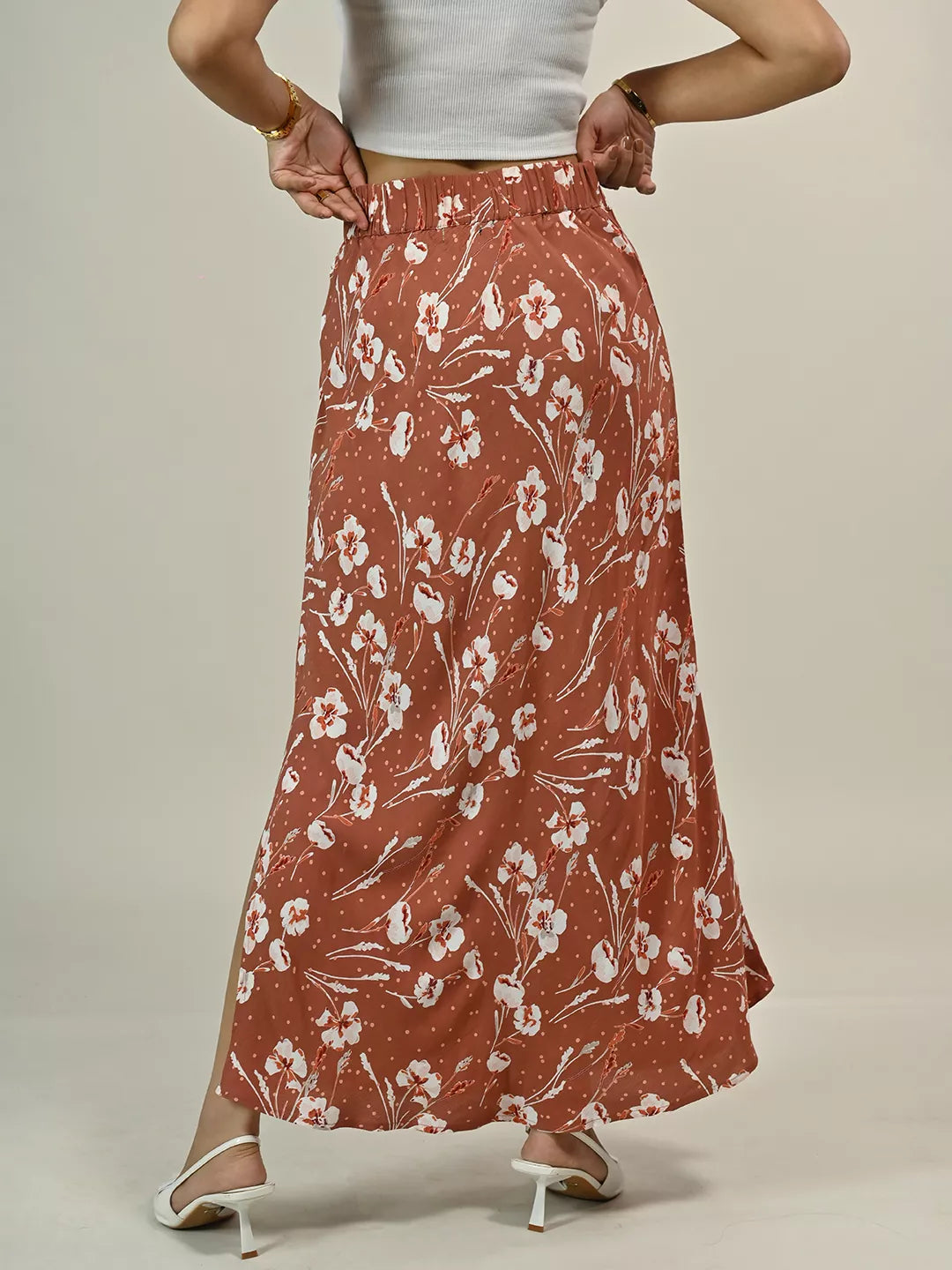 Brown Printed Side Slit Skirt