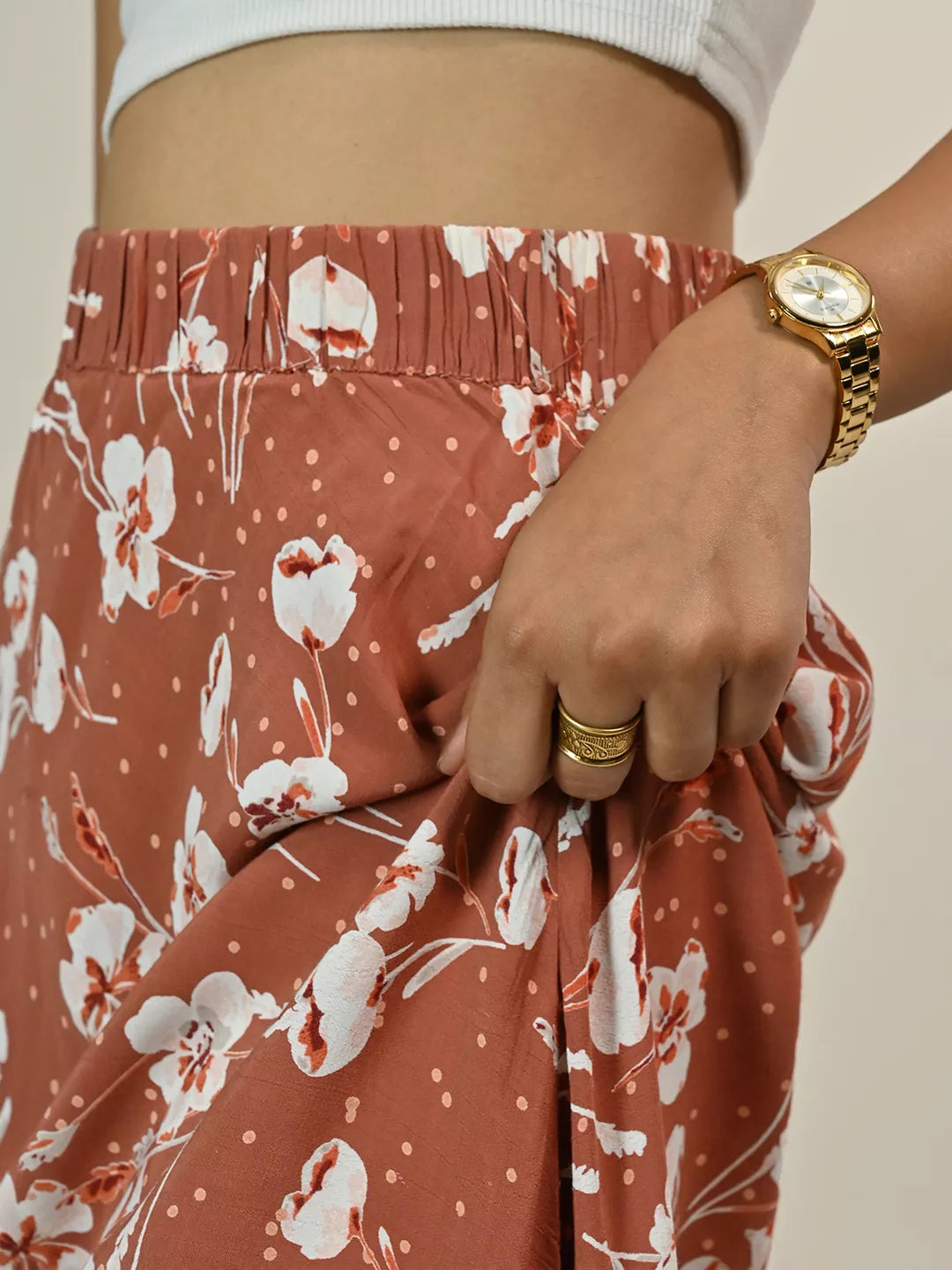 Brown Printed Side Slit Skirt