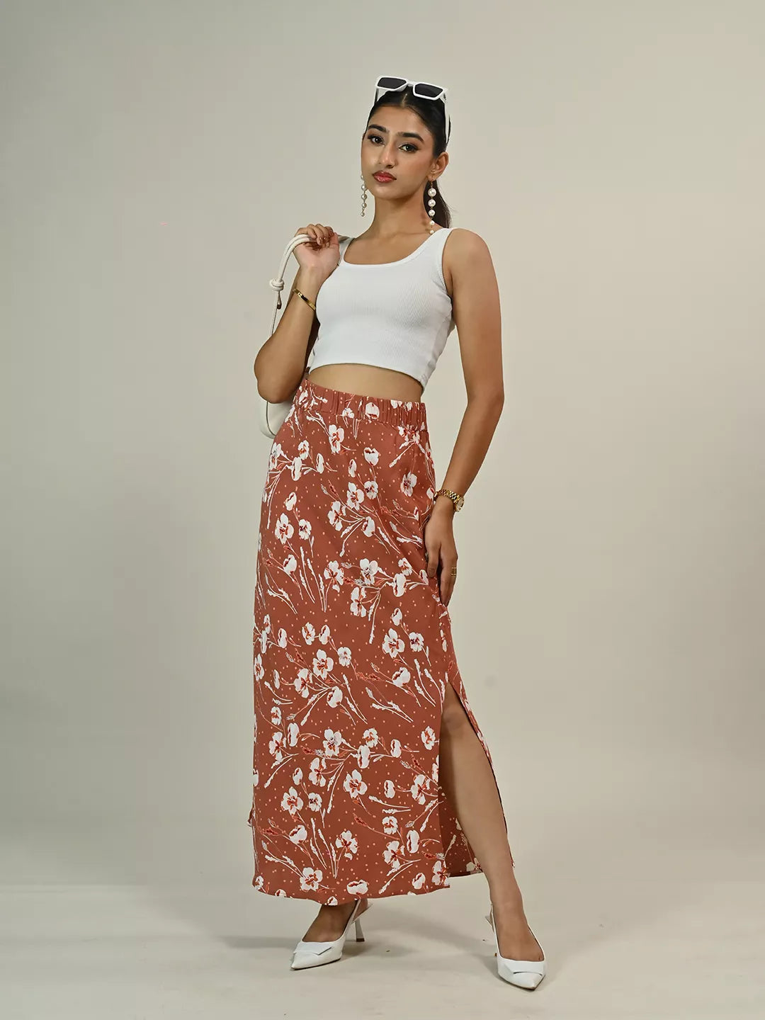Brown Printed Side Slit Skirt