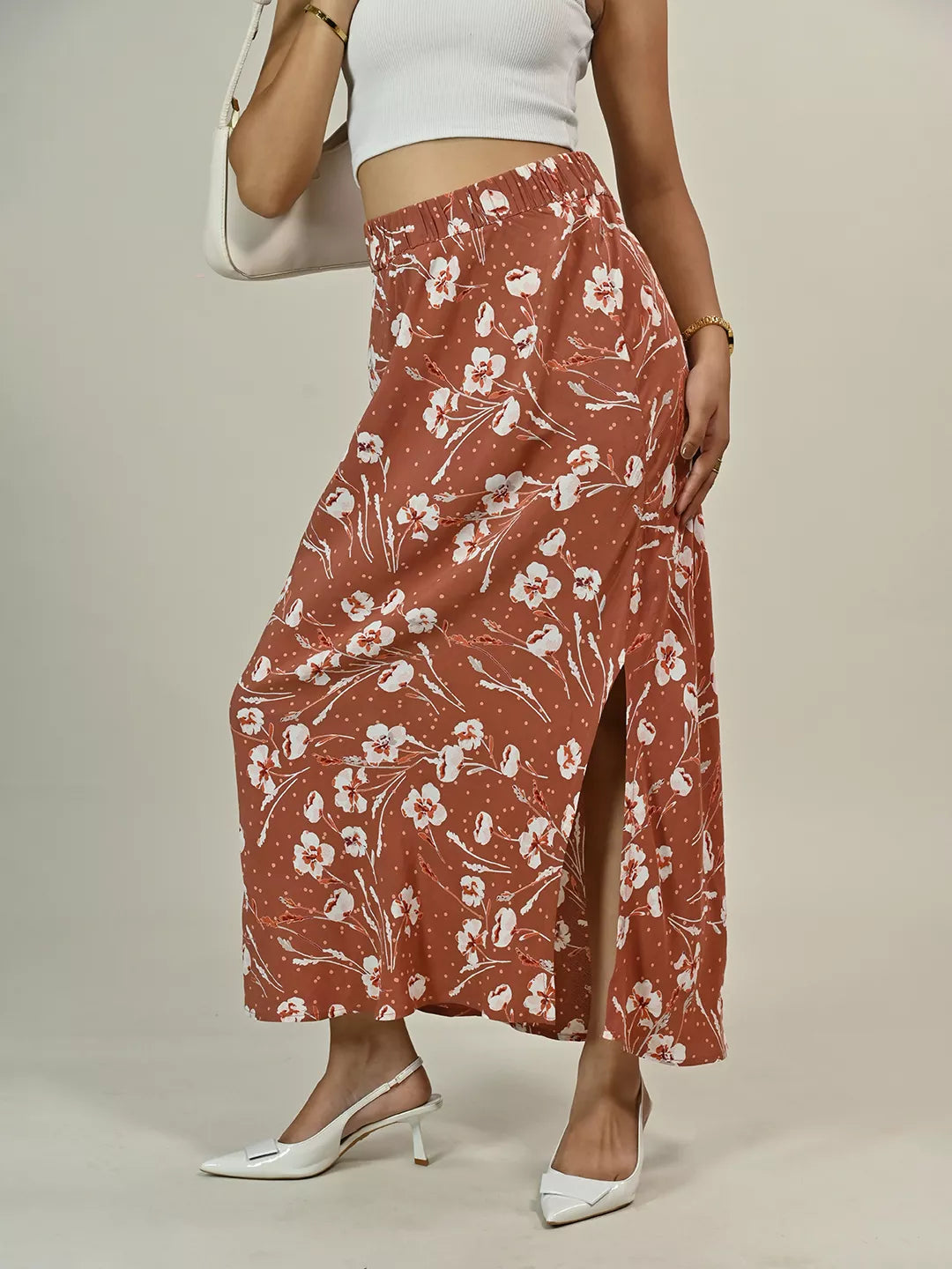 Brown Printed Side Slit Skirt