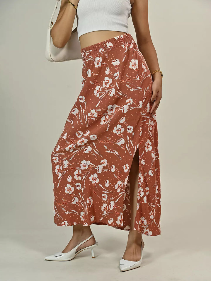 Brown Printed Side Slit Skirt