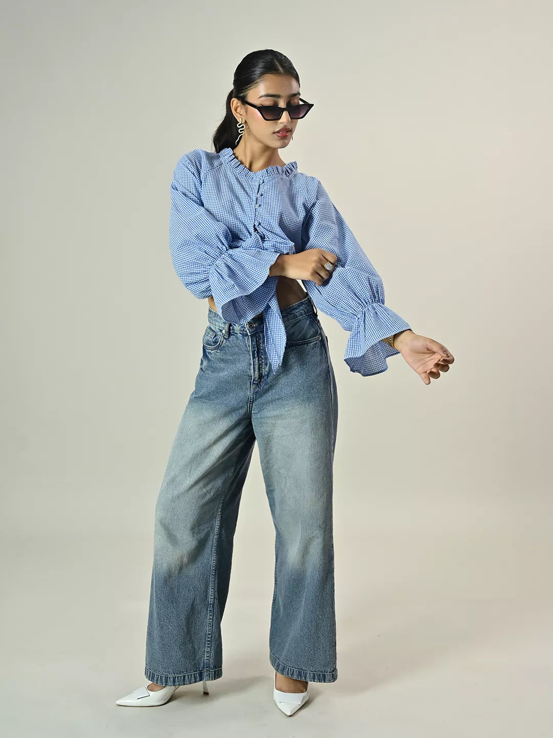 Blue Check Crop Tie Top