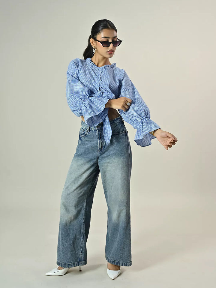Blue Check Crop Tie Top