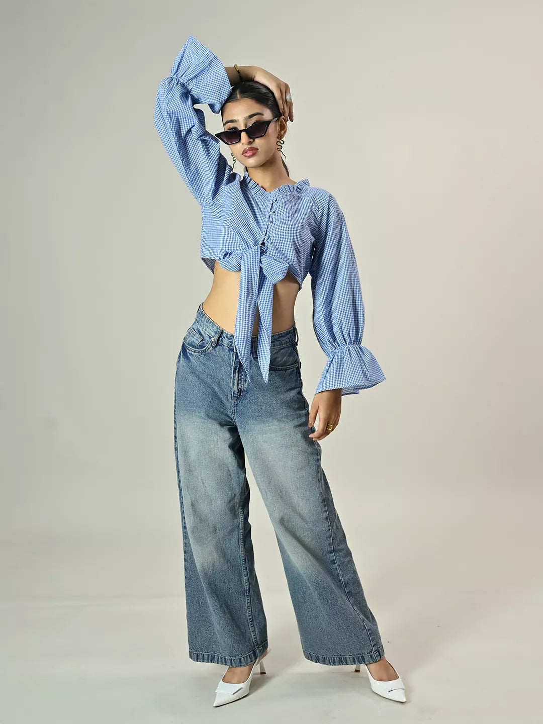 Blue Check Crop Tie Top