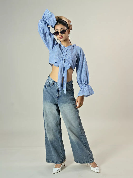 Blue Check Crop Tie Top